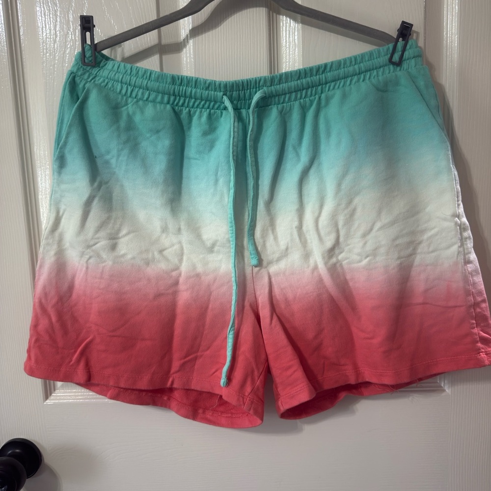 Zenana Outfitters Teal, White & Coral Ombre Drawstring Athletic Shorts